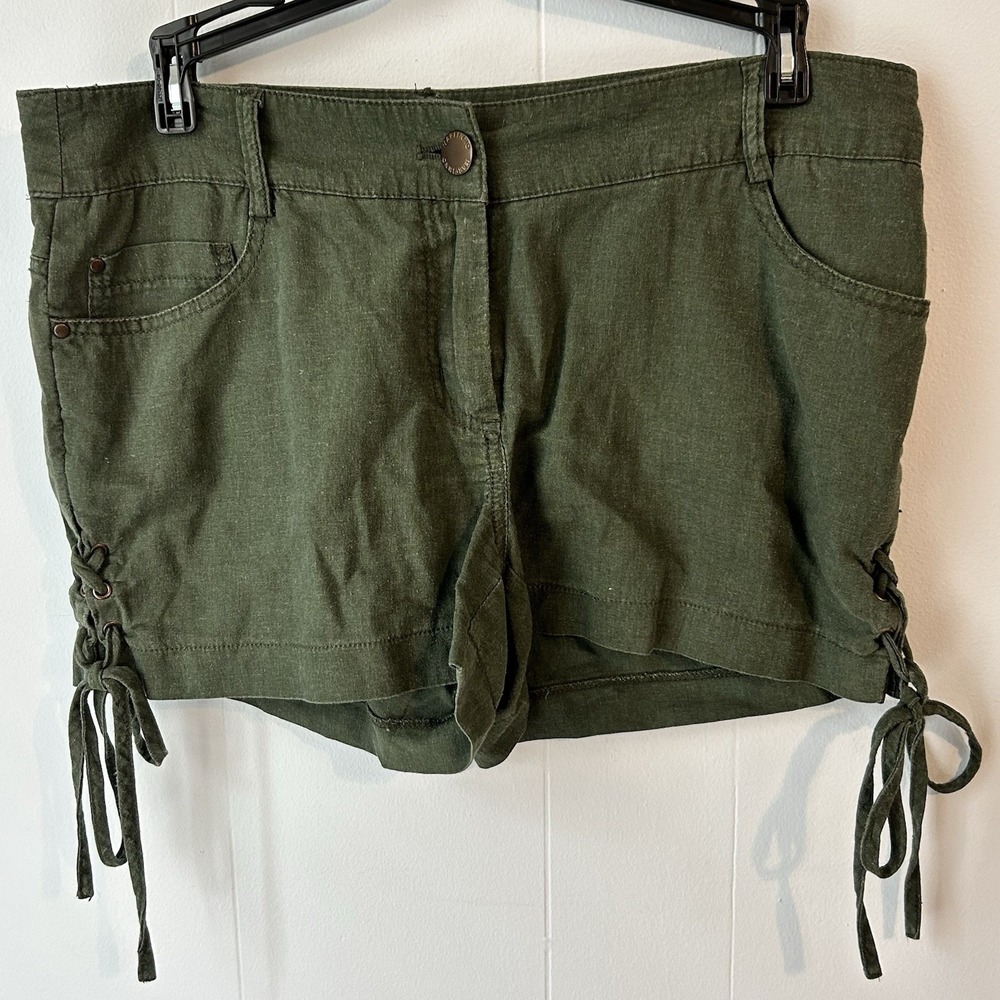 Marfinno Olive Green‎ Linen Blend Lace Up Side Shorts Womens Size 36 Mid Rise